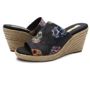 Loudmouth Sugar Skulls Marlene Jute Wedge Sandals S10.5